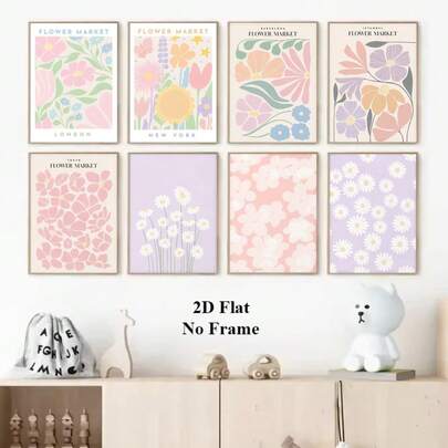 8 tấm tranh poster 2D phẳng không khung, nhiều màu sắc, chủ đề chợ hoa, tranh treo tường trang trí phòng khách, phòng ngủ, quán bar, quán cà phê, nhà cửa, quà tặng.