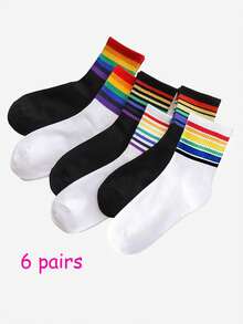 3/6 Pairs Rainbow Striped Mid-Calf Socks For Women, Ins College Style Colorful Socks, Match With Leggings For Spring & Autumn - Multicolor - View 9