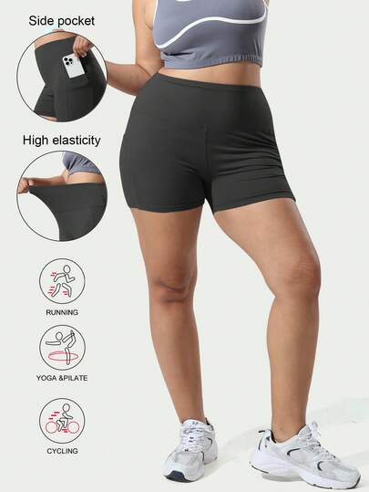 大码女式高腰带口袋瑜伽短裤，显瘦提臀，健身运动短裤，不透，适合户外穿着