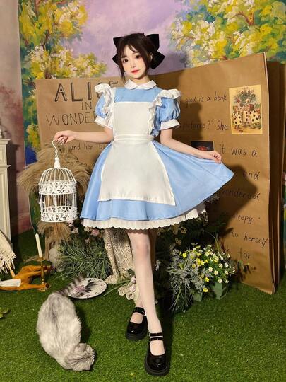 Đầm hầu gái màu xanh dương và trắng dành cho nữ, cổ Peter Pan và tay áo ngắn xếp nếp, thích hợp cho cosplay.