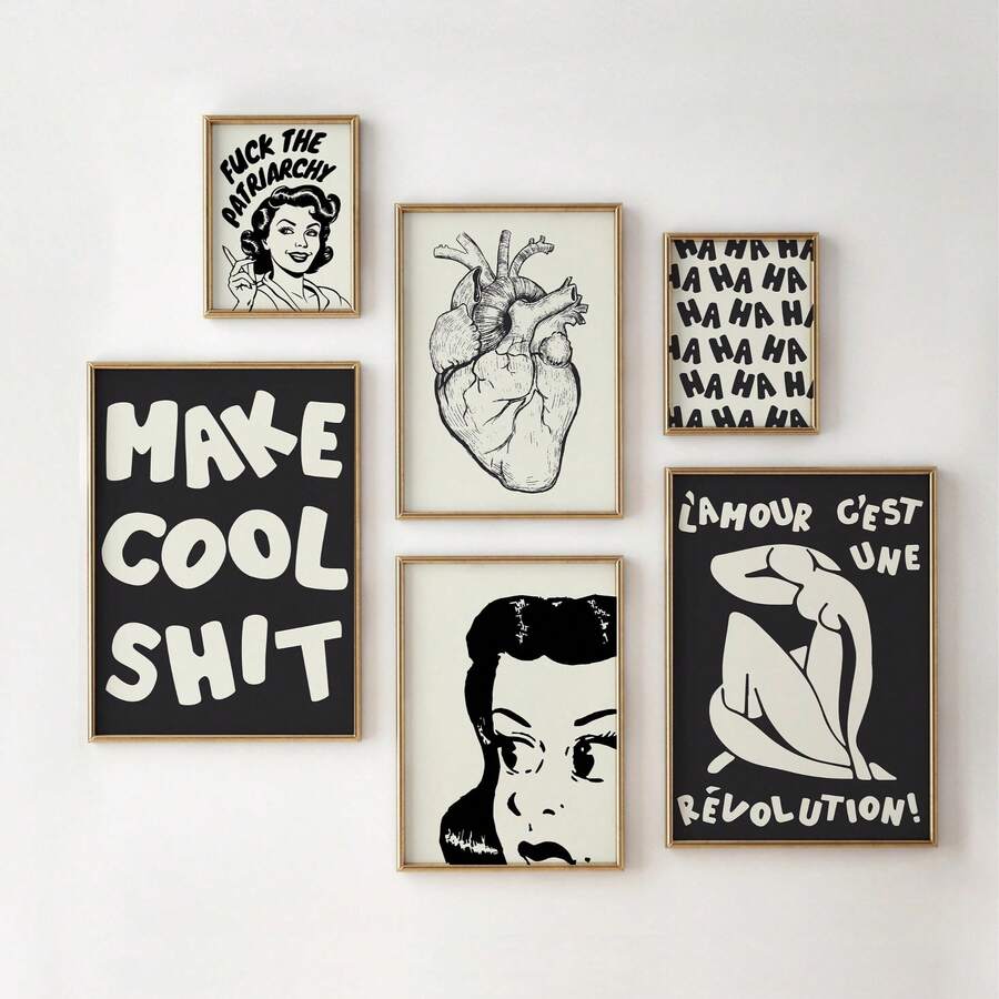 1/6pcs Black And White Canvas Art Wall Room Posters, Bold Room Decoration Aesthetic Murals, Framed+Frameless Room Decoration Supplies/Compromise Home Decoration, Fashionable Posters, Cute Room Decoration, Quirky Art Prints, Cool Room Decoration Supplies, Office Decoration, Bar Decoration, University Dormitory Decoration, Bedroom Decoration, Living Room Decoration, Kitchen Decoration, Bathroom Decoration - Multicolor - View 1