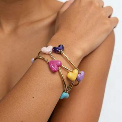 Bộ 3 chiếc vòng tay thời trang, đa năng, nhiều màu sắc, làm từ acrylic hình trái tim và ống đồng, có thể xếp chồng lên nhau, phù hợp cho nữ giới đi làm hàng ngày và dự tiệc, quà tặng sinh nhật/Ngày Valentine (Màu trái tim ngẫu nhiên).