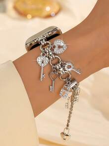 Cute Y2K Style Chain Pendant Strap, Rhinestone Heart Lock Chain Strap, Fit For Apple Watch 38/40/41/42/44/45/46/49mm, Fit For Ultra/SE/Series 1-11, Bohemian Jewelry, Summer Bracelet Pendant, Women Accessories, Mother's Day Gift, Silver - Silver - View 6