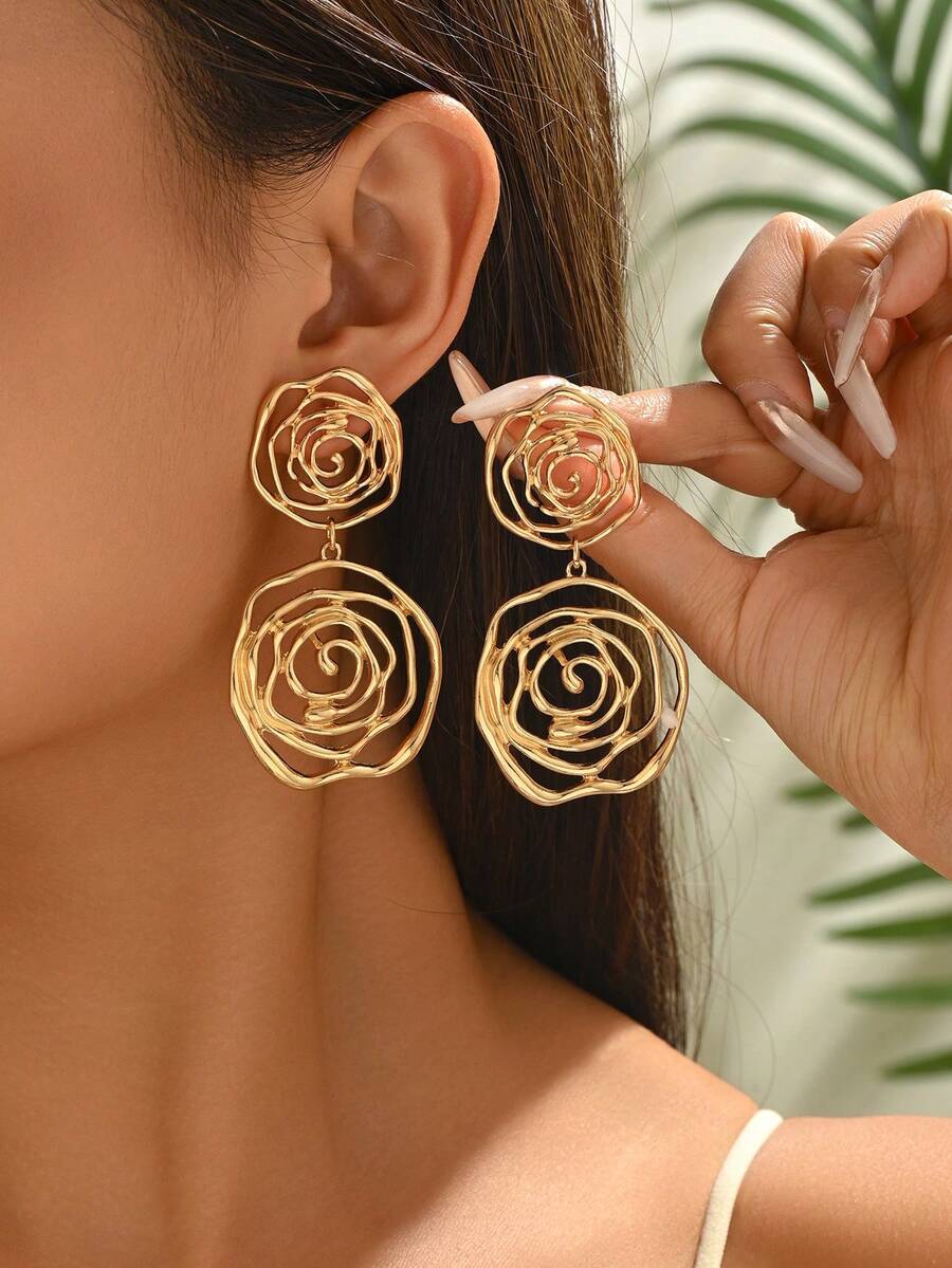 1 Pair European And American Minimalist Fashion Gold-Color Metal Alloy DIY Woven Floral Earrings, Including: Half-Side 3D Floral, Zinc Alloy Geometric Gold Flower, Zinc Alloy Drip-Painted Flower Pendant, 3D Gold Metal Flower, Double-Layer 3D Metal Wire Flower, Rose Flower, 3D Gold Metal Flower, Handmade Red Flower Drip-Painted Earrings. Suitable For Vacation, Party, Daily Wear, Holiday Gifts. - Gold - View 1