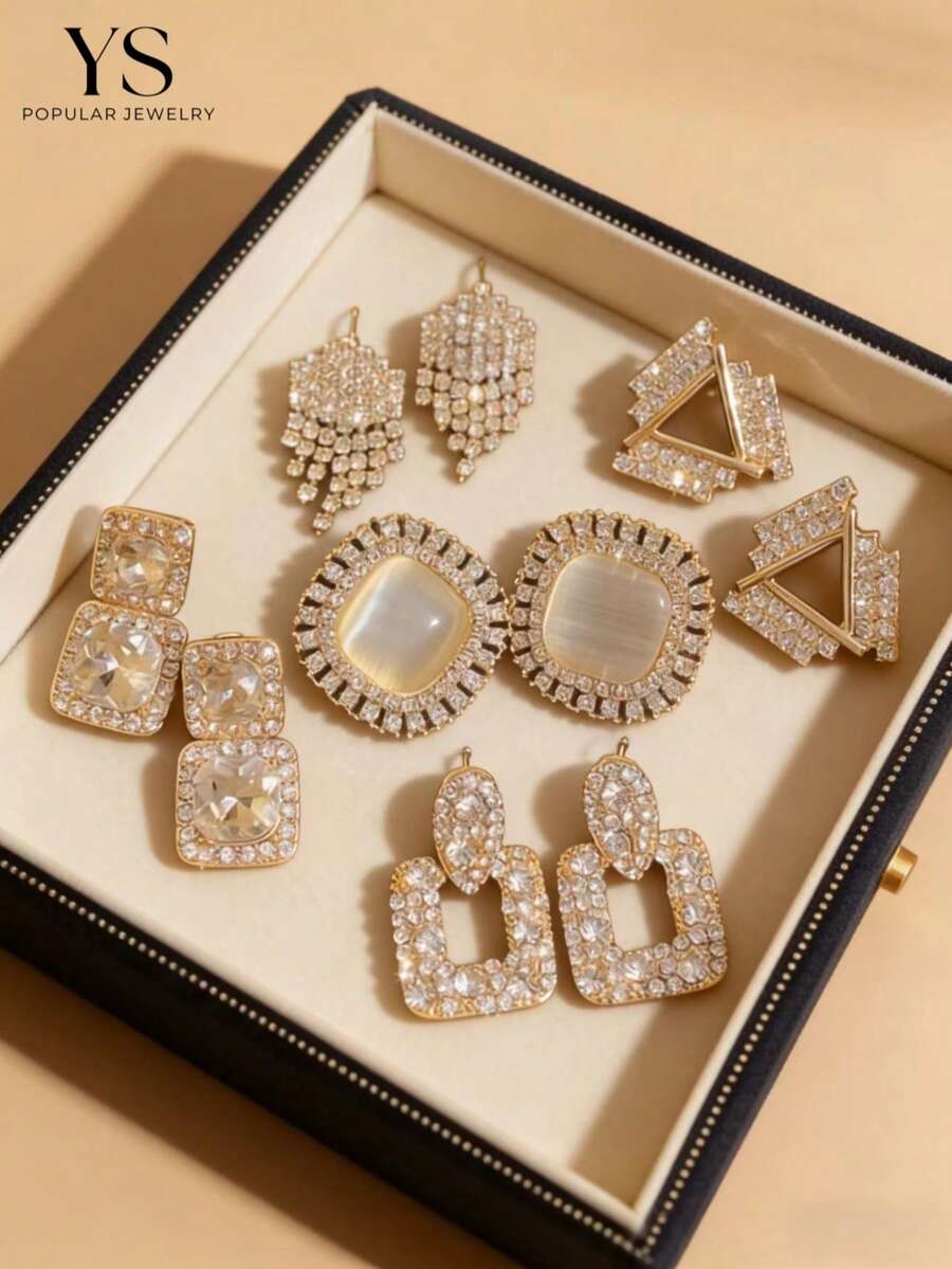 5雙/組 時尚新款個性化幾何水鑽貓眼、流蘇、三角正方形仿珍珠耳環套組，適合日常與節慶配戴