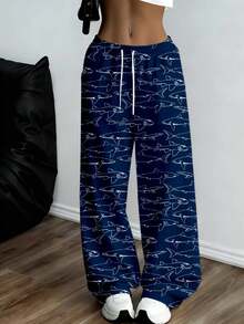 Shark Print Lounge Pants For Women Casual Wide Leg Sweatpants With Drawstring Comfortable Elastic Waist Track Pants For Home And Travel Fashionable Blue Shark Pattern Pants For Everyday Wear - Multicolor - View 4