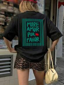 Tricou casual pentru femei cu mânecă scurtă și guler rotund - Model imprimat, Material moale și confortabil, Lavabil la mașină, Bluze de vară, Negru - Negru - Vizualizare 4