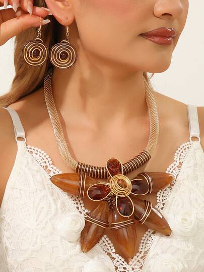 Handmade Exaggerated Multi-Layer Aluminum Wire, Synthetic Crystal, Wax Line, Resin Woven Bohemian, European And American, South Asian Style, Fashionable Retro, Glamorous Evening Party, Sea Blue, Korean Style Holiday Casual Necklace And Earrings