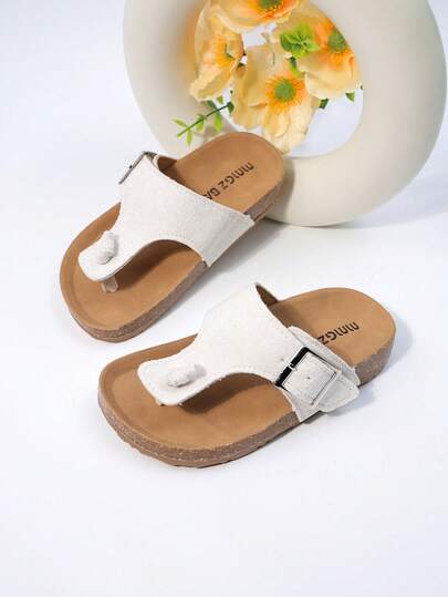 Summer New Kids Wooden Bottom Sandals Non-Slip Girls Flip Flops Toddler Open Toe Beach Shoes Baby Girls Low Heel Slippers