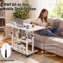 Upgraded Ergonomic Adjustable Height Rolling Desk, Mobile Sit-Stand Workstation With 3-Tier Storage Shelves, Sturdy C-Base Laptop Desk For Home Office & Bedside - 白色 - 查看 4