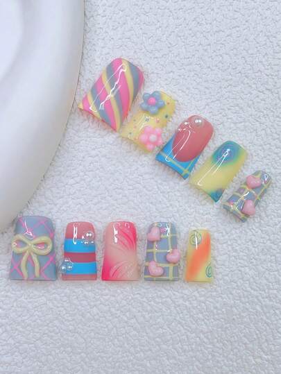 Bộ 10 móng giả kiểu mỏ vịt Y2K - Làm thủ công, móng màu hồng, móng màu vàng, móng kiểu Pháp màu xanh dương, nơ vàng 3D và hoa nhỏ 3D làm thủ công, nghệ thuật vẽ nơ 3D trên móng, họa tiết chấm bi vẽ tay, sọc nhiều màu và kẻ caro.