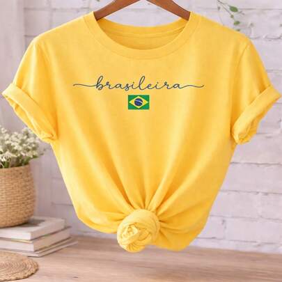 Camiseta Feminina Brasileira Copa Brasil 100% Algodão Estampa Minimalista Casual Confortável P-GG