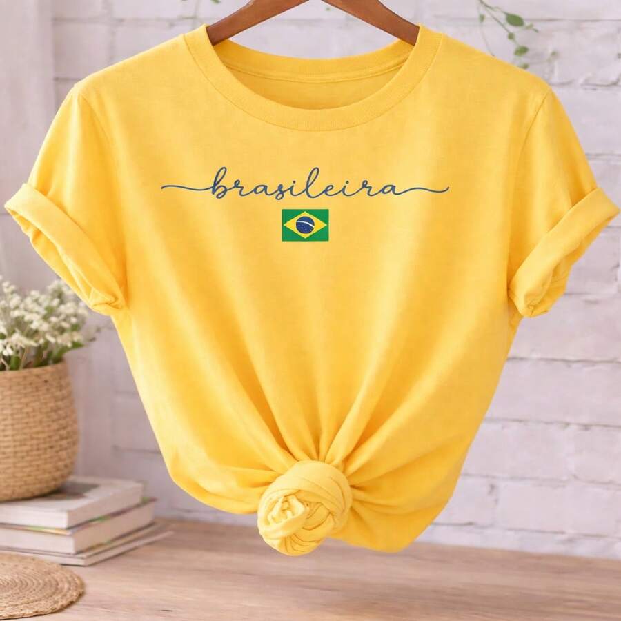 Women's Brazilian Cup T-Shirt 100% Cotton Minimalist Print Casual Comfortable Sizes S-XL - Màu vàng - Xem 1