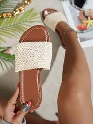 Damen Flache Strand Pantoffeln, offene Zehe gewebte römische Sandalen für Frühling Sommer, geeignet für Kleider, Strand, Freizeitbekleidung, erhältlich in Weiß, Beige, Schwarz, Orange, Gelb, Lila, Grau, Gold, Silber, Blau, Grün, Pink, Braun, Leopardenmuster, Navy Blau, Strass, Leinen, bequeme Slip-On