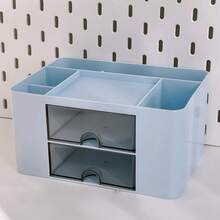 1pc Large Capacity Pen Holder Desk Organizer Box With 2 Drawers, Office Desk Storage Box, Vanity Tray, Desk Top Storage Box - Multicolor - View 5