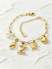 1 件 18K 镀金吊坠手链，不锈钢链式手链，贝壳字母项链，金吊坠，波西米亚海滩风格，18K 海星冲浪者珠宝礼物，Ins 风格，金手链，圣诞节，万圣节，优雅礼物 - 海洋字母手鍊 - 查看 23