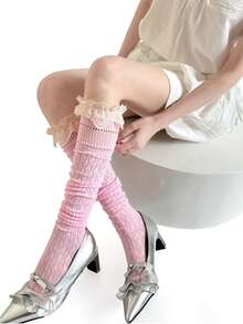 1 đôi tất cao đến đùi dành cho nữ, có ren và khoét lỗ. - Màu Hồng baby - Xem 4