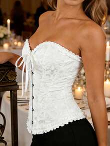 Top corset rétro pour femmes, top de maintien de la taille gothique sexy à lacets, motif floral squelette, bustier blanc d'été - Blanc - Voir 3