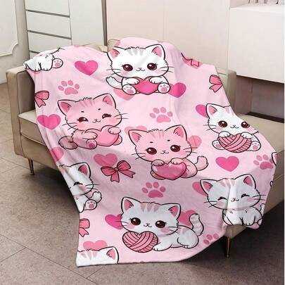 1pc Comfortable Pink Heart Cat Pattern Flannel Blanket, Bedroom Decor, Picnic Mat, Travel Blanket, Wool Blanket, Bed Blanket, Throw Blanket, Autumn Blanket, Summer Quilt, Bedroom Blanket, Soft Blanket, Sofa Cover Blanket, Soft Polyester Knitted Design, Multipurpose, Machine Washable, Bedding, A Fluffy Blanket And Casual Blanket, Ideal Gift For Home, Travel, Outdoor, All Seasons, Pet Blanket, Perfect Gift For Pets
