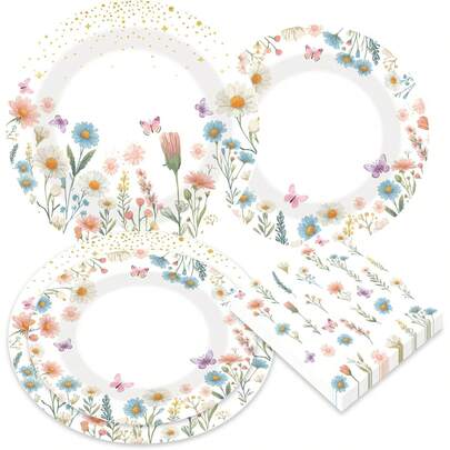 LaVenty Wildflower Party Supplies Floral Paper Plates And Napkins Tea Party Decortation Floral Gender Reveal Party Birthday Wedding Bridal Shower Party Favors For 16 Guest
