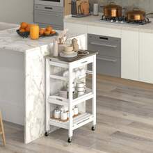 GOFLAME Kitchen Island On Wheels, Rolling Kitchen Cart With Stainless Steel Countertop, Slide-Out Metal Wire Basket, Serving Tray, Lockable Casters, Utility Storage Trolley For Kitchen, Dining Room - White - View 7