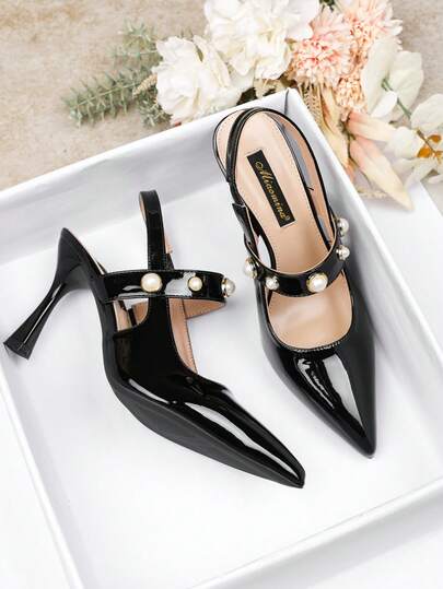 优雅黑色尖头珍珠单带细高跟鞋，百搭闭趾高跟鞋，适合通勤、简约设计、纯色、户外、街头、西式、可爱职场、商务、夜店、中式婚礼、派对、复古仙女风、朋克风、韩式柔美风、假日、校园、度假、办公室、户外、四季皆宜。