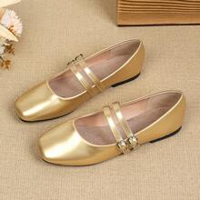 Giày bệt nữ kiểu Mary Jane một quai, đế mềm, kiểu dáng mới mùa xuân/thu, phù hợp với váy, có khóa cài. - Vàng - Xem 17