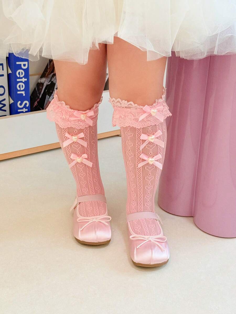 1 Đôi tất dài đến bắp chân dễ thương, đa năng, họa tiết bướm và trái tim khoét lỗ đính ngọc trai, thích hợp mặc hàng ngày, mỏng nhẹ cho mùa xuân/hè. - Hồng - Xem 1