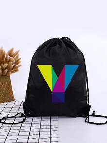 1pc Geometric Colorblock A-Z Letter Drawstring Backpack, Rainbow Letter Print Cinch Bag, Lightweight Sports Fitness Travel School Backpack - Black - View 26
