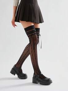Vớ cao đến đùi kiểu ballet mùa xuân/hè với nơ và họa tiết hình thoi rỗng, kiểu Lolita ren cổ điển. - Nhiều màu - Xem 8