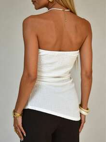 纹理弹力面料抹胸上衣，白色派对露脐上衣，适合夏季假期 - 白色 - 查看 5