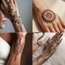 3/4pcs Henna, Brown, Black, Henna Tattoo, Temporary Tattoo, Henna Tattoo Semi-Permanent - 黑色 - 查看 10