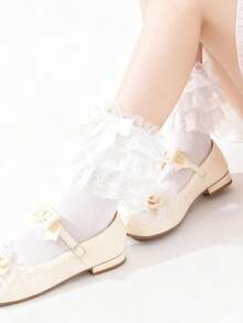 1 Pair White Sweet Lolita Ankle Socks With Double Lace Ruffle & Bowknot, Soft Cotton High Stretch, Frilly Princess Girly Style, Perfect For Lolita Fashion Cosplay Tea Party Daily Outfits - Multicolor - View 6