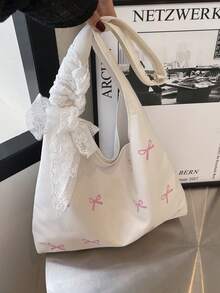 Cross-Border Silk Scarf Woven Straw Bag, Large Capacity New Bowknot Shoulder Bag, Minimalist Texture, Suitable For School, Commute, Beach, Tote Bag (Scarf Color Random) - White - View 8