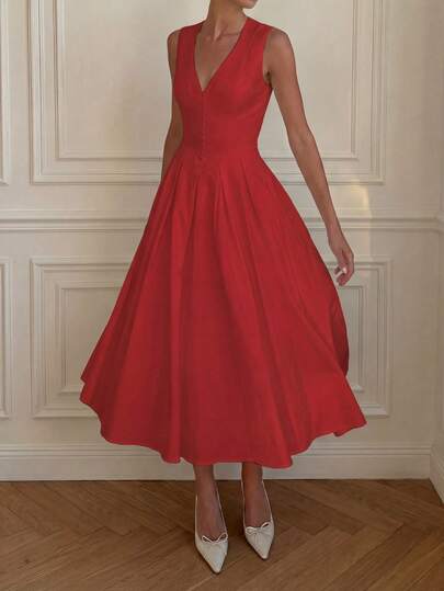 2025新款优雅法式V领收腰喇叭裙，无袖复古拼接飘逸沙滩度假派对正式礼服夏季