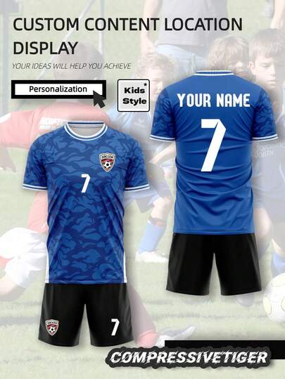 2pcs/Set Personalized Football Jersey For Toddler Boys - Customizable Name & Number Print Striped Decor Short Sleeve T-Shirt + Shorts Set, Quick-Dry Sports Outfit, Ideal Gift, Multifunctional, Decorative, Letter Print, Fashionable, Modern, Colorful, Cute, Casual, Soft, Customizable, Personalized, Unique, Baby Gift, Ideal Gift For Him, Ideal Gift For Her, Son, Daughter