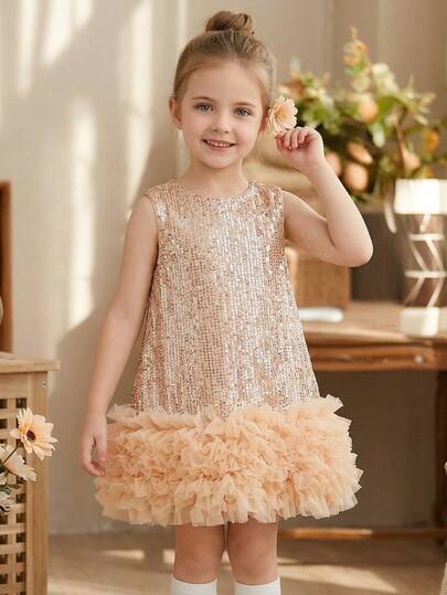 Young Girl Champagne Sequin Short A-Line Dress, Elegant Backless Evening Gown, Suitable For Little Girls Birthday, Wedding, Flower Girl, Bridesmaid, Dance, Party, Festival