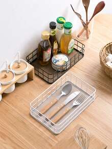 1pc Multi-Functional Iron Wire Storage Basket, Rust-Proof Grid Sorting Tray, Bathroom & Kitchen Dual-Use Shelf, Open Design Saves Space Large Capacity Storage, Suitable For Toiletries, Cosmetics, Condiments, Snacks, Small Items, Space-Saving Wall-Mounted/Tabletop Dual-Use Sorting Organizer - Black - View 3