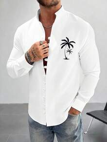 GloMan 男士时尚沙滩椰树印花宽松休闲百搭长袖衬衫。立领款式，休闲舒适。适合夏季穿着。是户外活动、周末休闲、假日聚会等的理想之选。送给男友或丈夫的绝佳礼物。 - 白色 - 查看 2