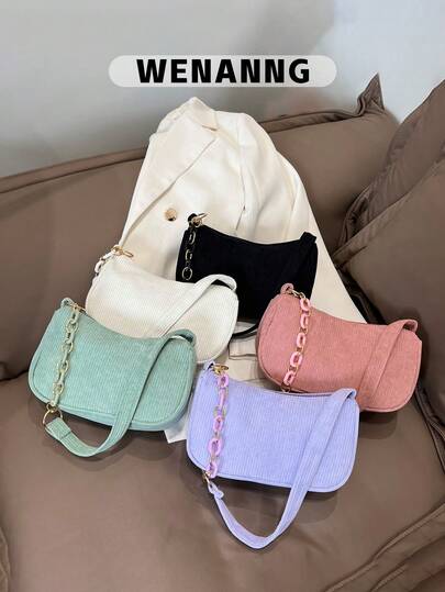 1 Pc Solid Color Cute Corduroy Baguette Bag, Multi-Color Chain Embellished Shoulder Bag,Lightweight Handbag, Zipper Underarm Bag, Casual Fashion Bag,For Women/Girls/Youngster,For Daily/Outing/Shopping/Commuting
