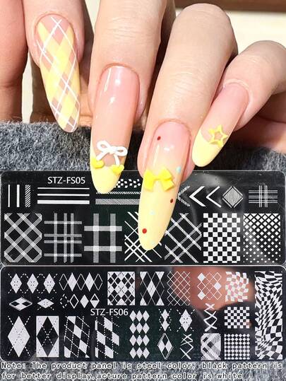 1/2PCS Geometric Grid Line Nail Template, Diamond Checkerboard Nail Art Hot Stamping Board, Holiday Nail Decoration, DIY Salon Home Nail Products