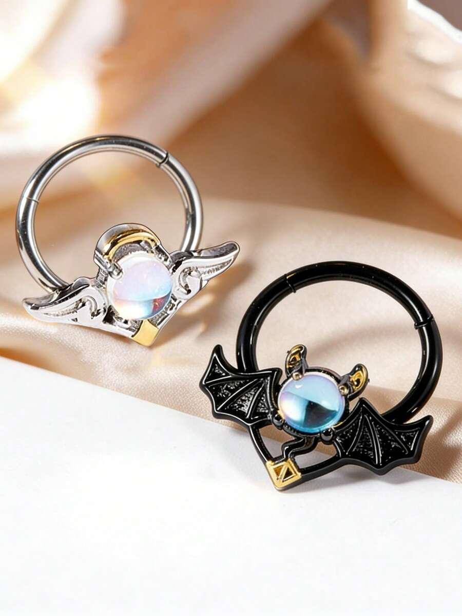 1 chiếc khuyên mũi bằng thép không gỉ thiết kế hình quỷ và thiên thần, kiểu bấm, thích hợp cho Halloween và đeo hàng ngày, unisex. - Vòng mở - Xem 1