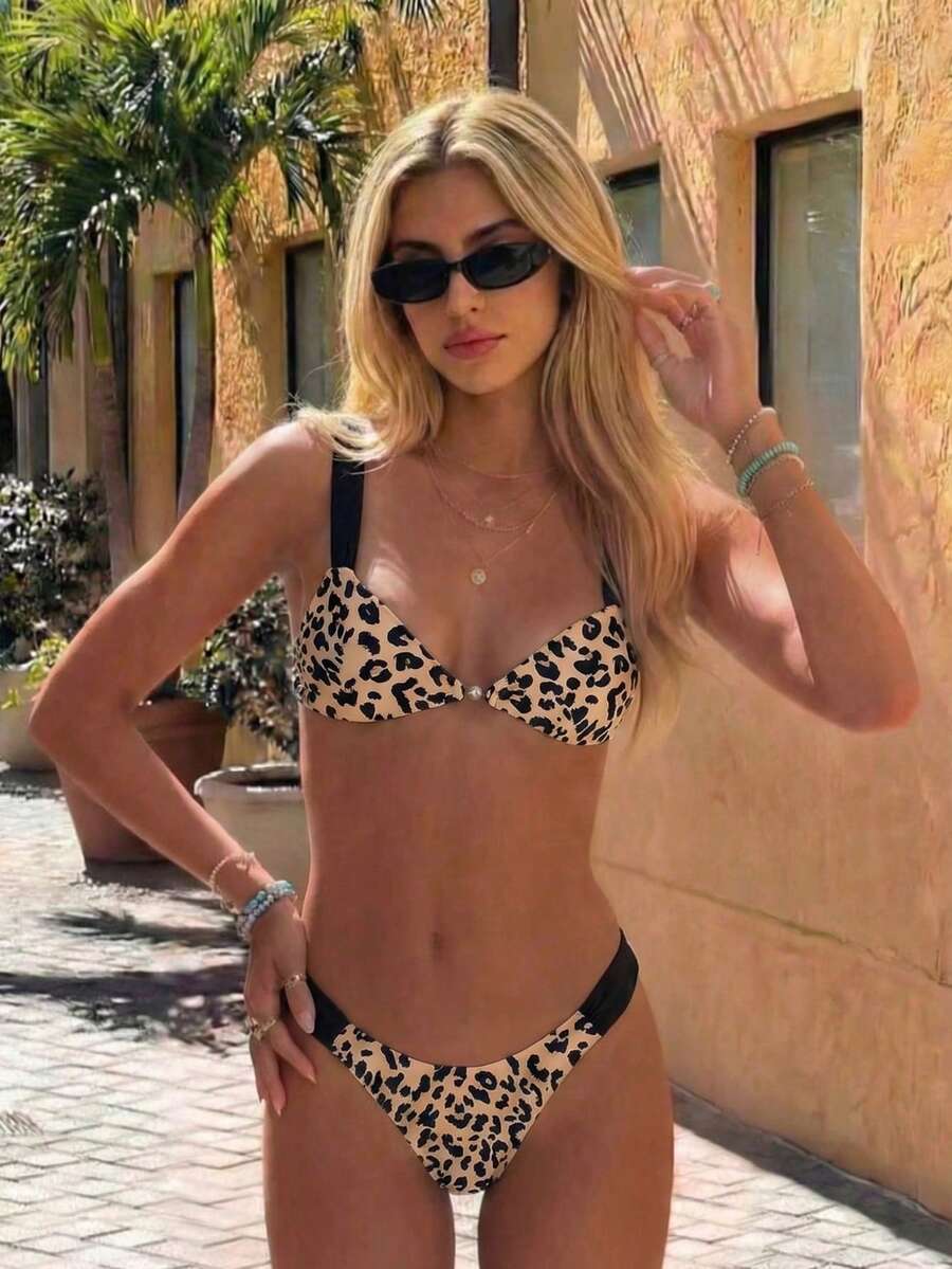 New Leopard Print Ruched Sexy Elegant Beach Vacation Party Swimsuit Set For Women, Spring/Summer - Multicolor - View 1