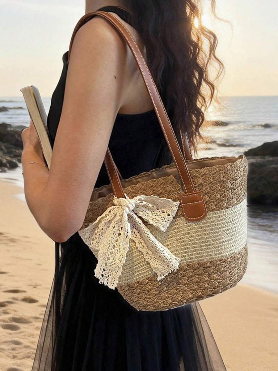 Túi đeo vai nữ kiểu dáng thường ngày, nhiều màu sắc, trang trí nơ, khóa kéo, túi xách tay, túi tote, túi dã ngoại, túi đựng đồ vệ sinh cá nhân, túi đi biển, nhẹ, dung tích lớn, dễ mang theo, thích hợp cho du lịch gia đình, kỳ nghỉ, đi biển, cắm trại, leo núi, kỳ nghỉ hè.