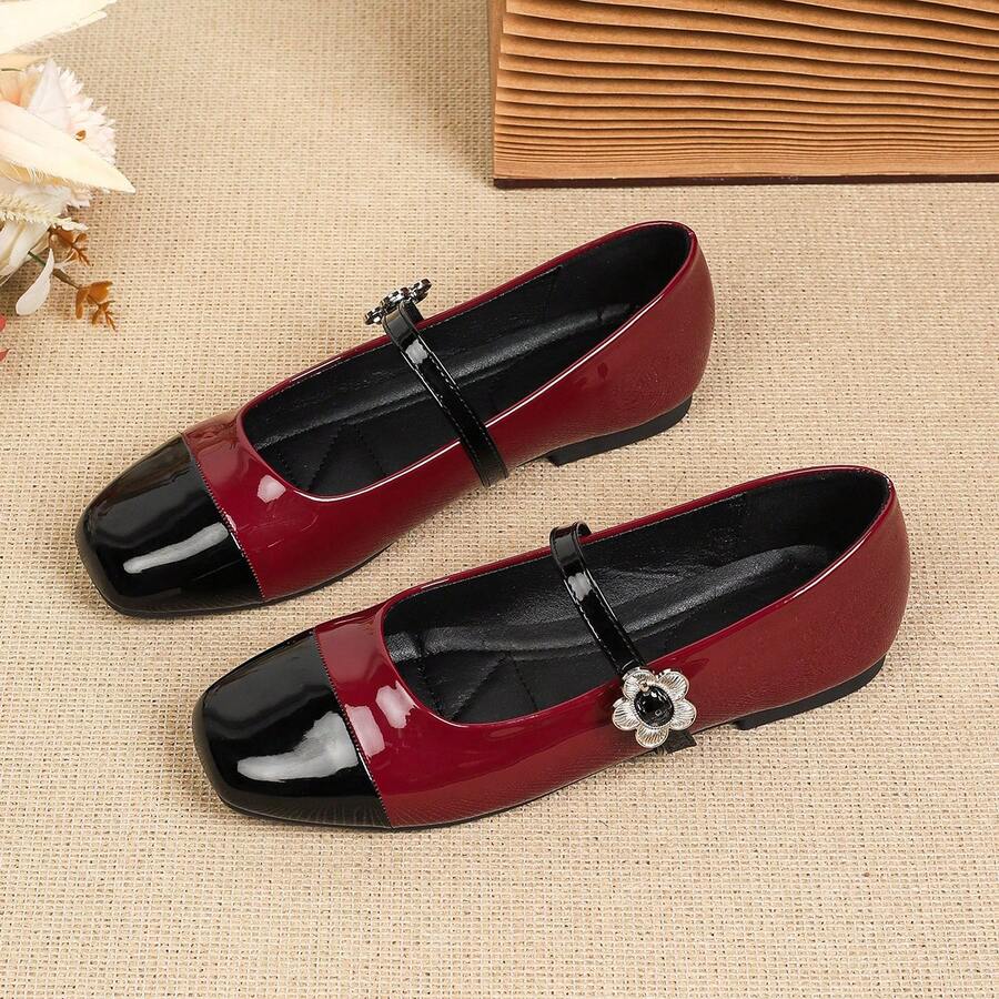 French Breeze 女士玛丽珍鞋，黑色，柔软皮革，低鞋面，通勤鞋，单带芭蕾舞鞋，春秋季 - 酒紅色 - 查看 1