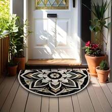 1pc Black & White Floral Half-Circle Doormat, Doormat, Small Rug, Welcome Mat, Carpet, Floor Mat, Outdoor Doormat, Kitchen Rug, Home Decor, Front Door Mat, Area Small Rug, Outdoor Mat, Home Decor, Area Rug, Garden Rug, Washable Carpet - Multicolor - View 4