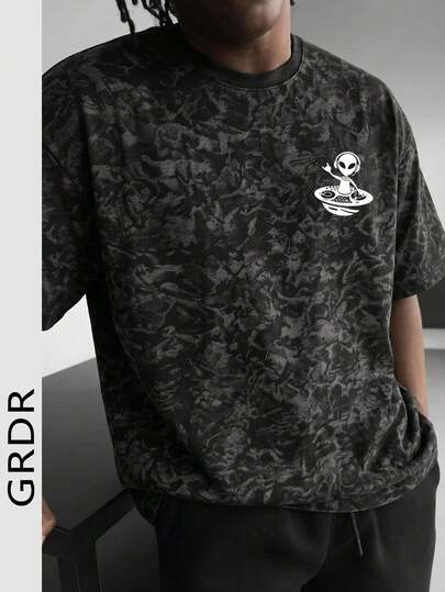  GRDR Men's Summer Alien Graphic Print Short Sleeve T-Shirt, Suitable For Street, Dating, And Outdoor Wear