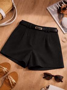 Kit 2 Short Modelo Alfaiataria Cintura Alta Feminino Elegante Versátil e Confortável Com Cinto e Bolso Premium Social Férias - Preto - Visão 1
