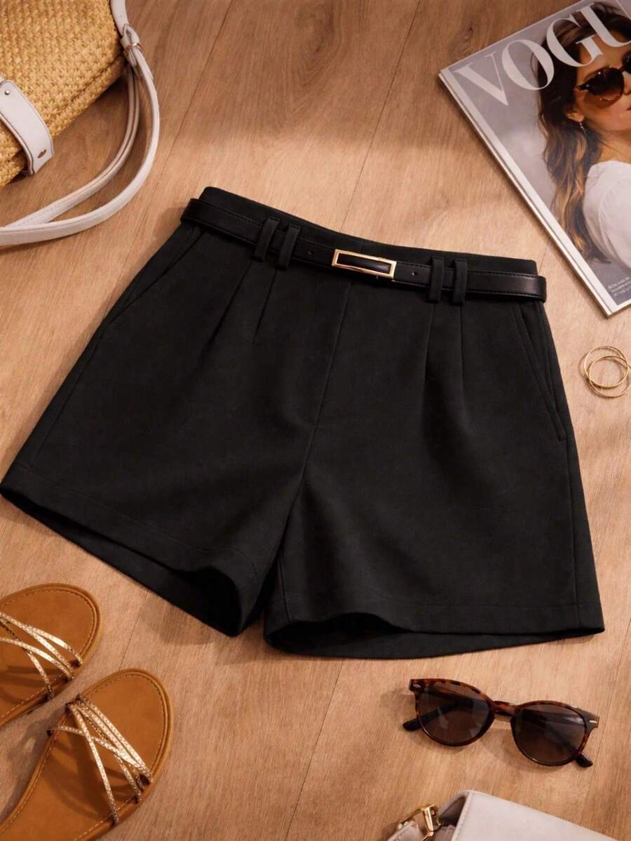 Kit 2 Short Modelo Alfaiataria Cintura Alta Feminino Elegante Versátil e Confortável Com Cinto e Bolso Premium Social Férias - Preto - Visão 1