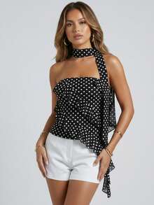 Women's Dot Print Tube Tops With Neckband Ruffle Asymmetrical Hem Summer Strapless Crop Bandeau - 黑色 - 查看 1